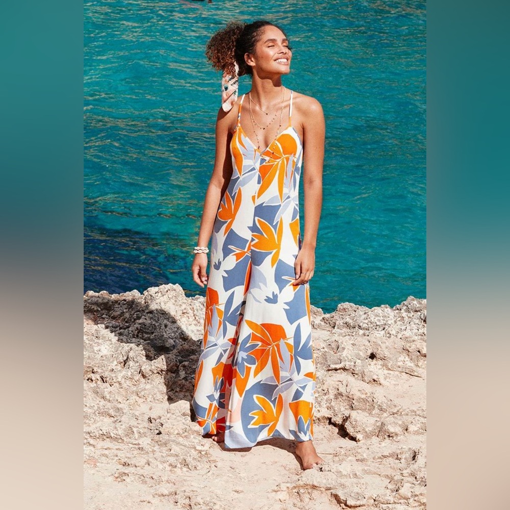 Cupshe Tropical Wide-Leg Jumpsuit in Orange, Blue & White